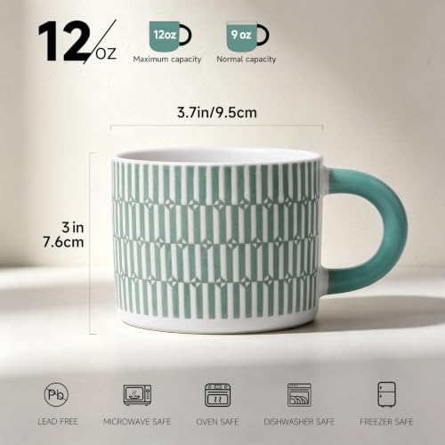 Stoneware Coffee Mugs Set of 4, 14oz Hand-Painted Coffee Cups with Handle