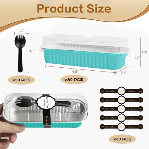 50 Pack Mini Cake Pans with Lids and Spoons, Mini Loaf Baking Pans 6.8oz, Small Disposable Aluminum Foil Loaf Pans, Rectangular Baking Containers for Party and Picnics, Cheesecake Pans (Blue)