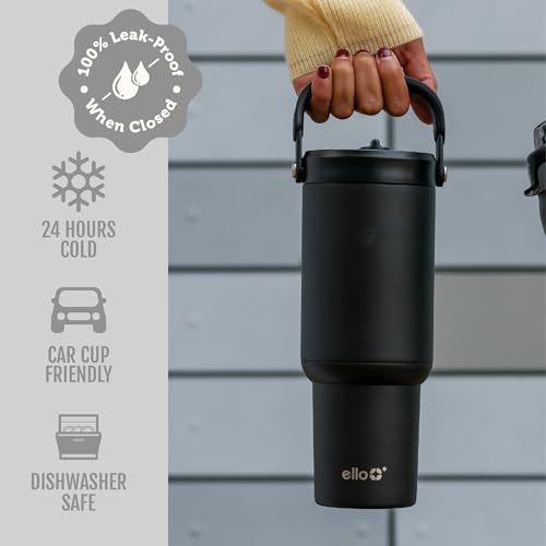 Ello Oasis Go+ 26oz Insulated Stainless Steel Tumbler with Straw, Black