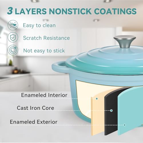 Miereirl 6 Quart Enameled Dutch Oven Pot with Lid, Cast Iron Dutch Oven with Dual Handles for Bread Baking, Cooking, Non-stick Enamel Coated Cookware, Light Blue