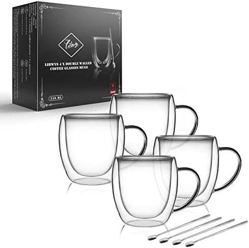 LIBWYS 4 Pack Double Walled Coffee Cups Glasses Mug, 8.5oz Borosilicate