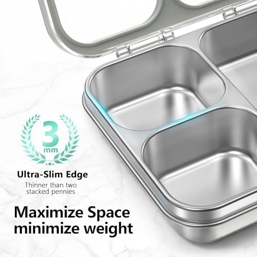 HOMEKOL Stainless Steel Bento Lunch Box 3-Compartment, 4.2Cups, Grey