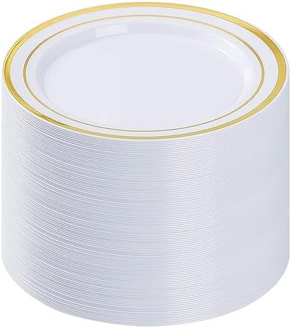 BESTVIP 100Pcs Gold Plastic Plates, 10.25 Inch Disposable Dinner Plates