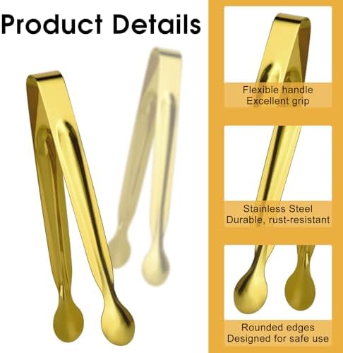 Mini Serving Tongs Set, 12 Gold Stainless Steel Tongs, 6.3 in for Sugar Cubes, Ice, Candy, Charcuterie, Coffee Bar