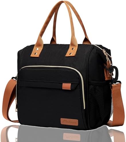 Black Lunch Box for Women Insulated Lunch Bag for Work - Adult Stylish Lunch Tote Bag for Shopping Soft Cooler for Beach Picnic Travel