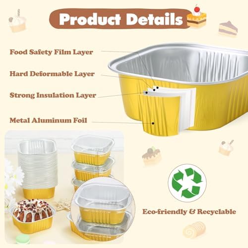 selizo 60 Pack 10oz Mini Disposable Cake Pans with Lids, Aluminum Foil Square Baking Cups, 4.4x4.4 Large Baking Cake Tins Cup Cake Containers with Lids for Individual Cakes