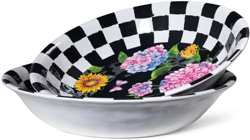 LEHAHA Melamine Large Serving Bowls, Set of 2, Sunflower 13.75" x 2.75" (130 OZ) Pasta and Salad Bowl, Black Plaid Durable for Kitchen, Dishwasher Safe