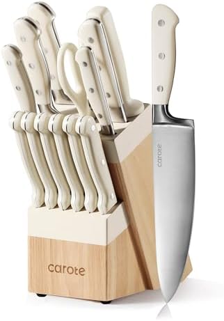 CAROTE 14-Piece Knife Set with Wood Block, Rust-Resistant, Cream