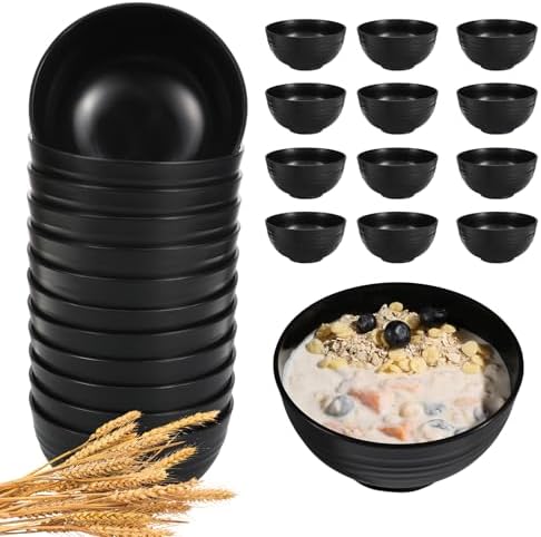 HEYCOME 12 Pcs Unbreakable Cereal Bowls Set, 26 Oz Wheat Straw Bowls Set, Microwave & Dishwasher Safe Bowls for Kitchen, Reusable Plastic Bowls for Soup, Salad and Snack, BPA Free, Black