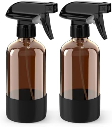 Bontip Glass Spray Bottle with Silicone Sleeve Protection, Amber Glass Spray Bottle Set for Window Cleaner Aromatherapy Facial Hydration Watering Flowers Hair Care 2 Pack/8 oz (Black)