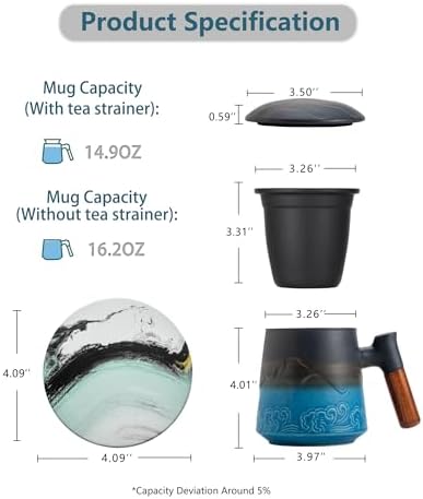 ZENS Tea Cup with Infuser and Lid & Coaster for Tea Steeper, 15oz Blue