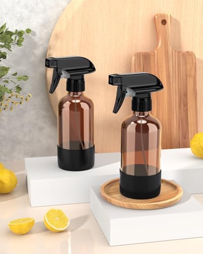 Bontip Glass Spray Bottle with Silicone Sleeve Protection, Amber Glass Spray Bottle Set for Window Cleaner Aromatherapy Facial Hydration Watering Flowers Hair Care 2 Pack/8 oz (Black)