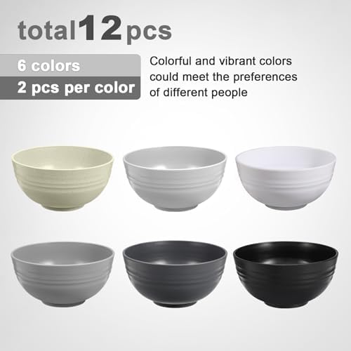 HEYCOME 12 Pcs Unbreakable Cereal Bowls Set, 26 Oz Wheat Straw Bowls Set, Microwave & Dishwasher Safe Bowls for Kitchen, Reusable Plastic Bowls for Soup, Salad and Snack, BPA Free, Multicolor