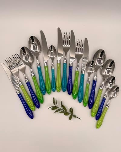 Gypsy Color Sea Green & Blue Mix & Match Stainless Steel Flatware Collection, Set of 16