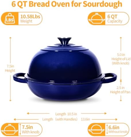 6QT Enameled Cast Iron Dutch Oven For Sourdough Bread Baking