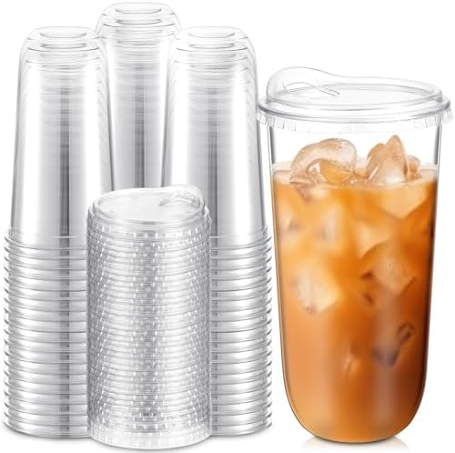 Baderke 100 Pcs Round Bottom Plastic Cups with Lids Clear Togo,20 Oz
