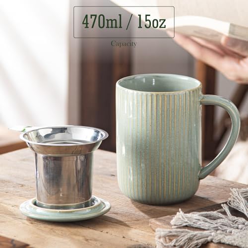 Yundu 15.5oz/470ml Flambe Green Ceramics Teacups with Infuser and Lid, Loose Leaf Tea Cup