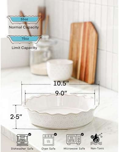 Deep Pie Dish for Baking, Ceramic Pie Pan for Apple Pie, Tart, Quiche Baking Dish, Farmhouse Decor Pie Plate, Deep Dish Pie Pan, Oven Safe, Off-White, Flower