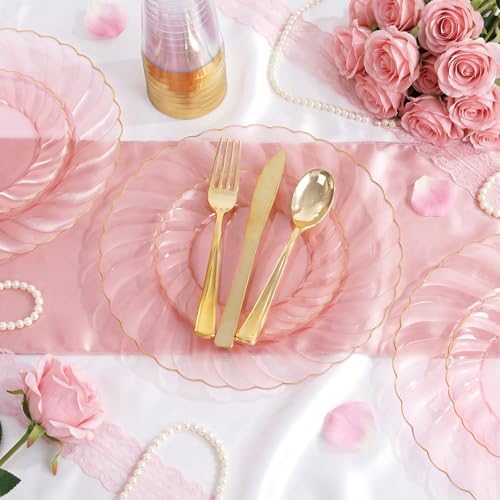 YOUBET 125Pieces Clear Pink Plastic Plates with Gold Rim - Gold Plastic Silverware Include 25 Dinner Plates 25 Dessert Plates 75 Golden Silverwares for Wedding Birthday & Parties Easter Mothers Day