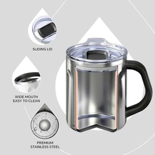 Ideus 16 oz Insulated Coffee Mug with Lid and Handle (Snow Mountain White)