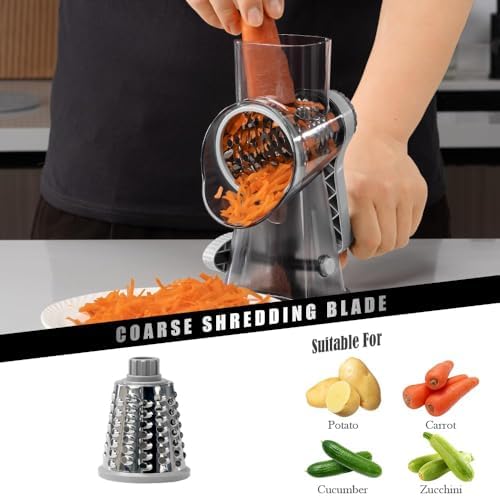 Badelite Cheese Grater Hand Crank Rotating Cheese Shredder Stainless Steel Vegetable Slicer Grater for Kitchen 3 Blades for Cheese, Carrot, Cucumber, Nuts, Chocolate, Dark Grey