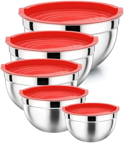 P&P CHEF Metal Mixing Bowls with Lids Set, Airtight Lids & Red