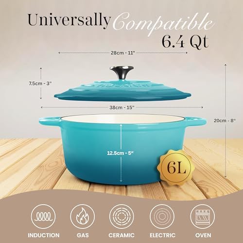Nuovva Enamelled Cast Iron Dutch Oven Pot with Lid-6.4 Quart Non Stick Casserole Pot-Heavy Duty & Oven Safe up to 500° F for Bread Baking, Braising, Stews, Roasting - 28cm Teal