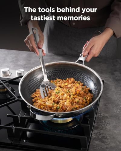 Wok pan with Lid, Hybrid Ceramic 13 Inch Tri-Ply Stainless Steel Woks & Stir-fry Pans Nonstick, Non-Toxic, PFAS/PFOA/PTFE Free, Metal Utensil Safe, Dishwasher & Oven Safe, Induction Compatible