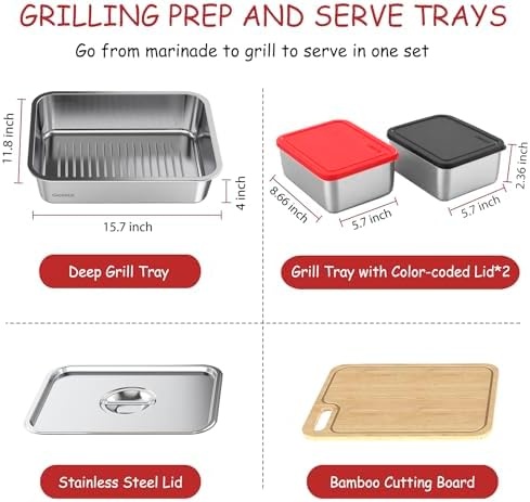 Geesta 5-in-1 Grilling Prep & Serve Tays, Grill Carry System, Stainless Steel BBQ Serving Platter, Marinating Container with Lid & Cutting Board, Outdoor Cooking Grill Accessories, Grilling Gift
