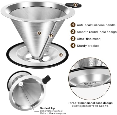 Large Size Pour Over Coffee Dripper, Stainless Steel Coffee Filter, Paperless Reusable Coffee Filter, Double Micromesh 600 Mesh Strainer Coffee Maker with Heat-Resistant Silicone Handle & Base