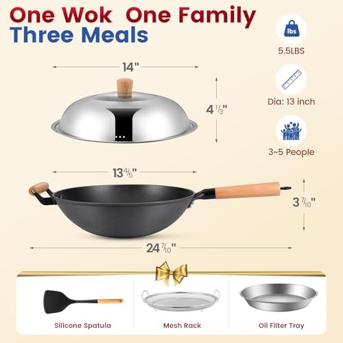 AOSION 13'' Nonstick Wok, Cast Iron Wok with Lid, Wok Pan & Stir-Fry Pans