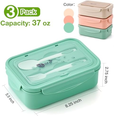 Mfacoy® 3 Pack Bento Boxes for Adults/Kids, 1100 ML Bento Lunch Box With Spoon & Fork, Lunch Box Containers, Bento Box for Dining Out, Work, Picnic, BPA-Free, Microwave & Dishwasher Safe