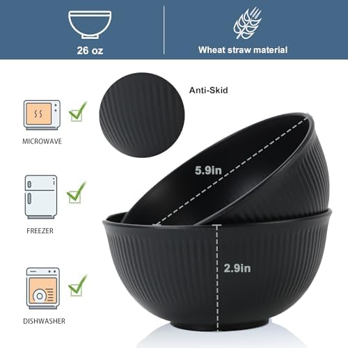 Wrova Wheat Straw Bowls Set of 8, Black Plastic Bowls Reusable 26 OZ