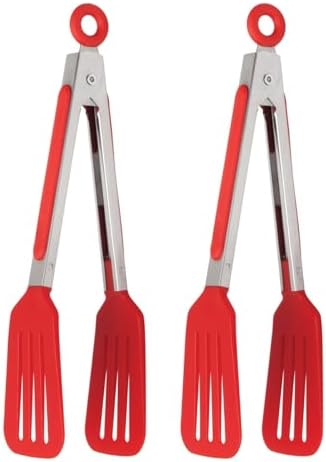 HIC Kitchen Slotted Flipper Tongs, Heat-Safe, Stainless Steel with BPA-Free Nylon, Set of 2