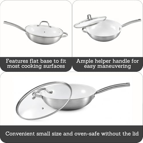 IMUSA 12 Inch 2 Ply Aluminum Ceramic Wok with Glass Lid, Gray