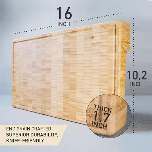 Bamboo Cutting Board, End Grain Butcher Block for Kitchen, Extra Thick 1.7"