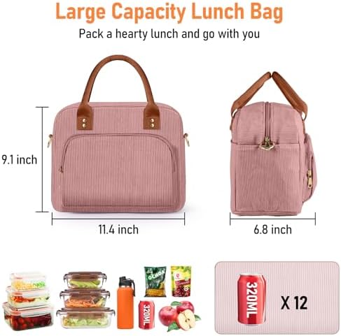 Lunch Bag Large Insulated Lunch Box for Women Men Adult Cute Pink Lunchbox Corduroy Lunch Bags Boxes Pail with Adjustable Shoulder Strap for Work Mom Picnic Office Travel 11.4×6.8×9.1 inches 11.5L