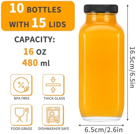 CUCUMI 10pcs 16oz Glass Juice Bottles with Lids