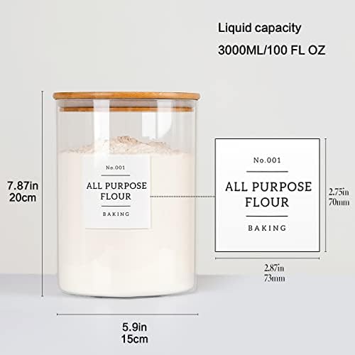 HHMJSM Large Glass Storage Jars With Airtight Bamboo Lid - 100 Fl Oz Thicken Kitchen Glass Food Storage Canister With 42 Pantry Labels - Big Clear Flour And Sugar Containers Farmhouse