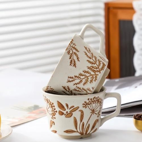 Small Ceramic Mug 1 pc, 11oz - Vintage Coffee Mug, Pottery Cups for Milk, Latte, Cappuccino, Tea - Handmade Porcelain Dishwasher, Microwave Safe Stoneware Gift for Women Men, Brown Leaf
