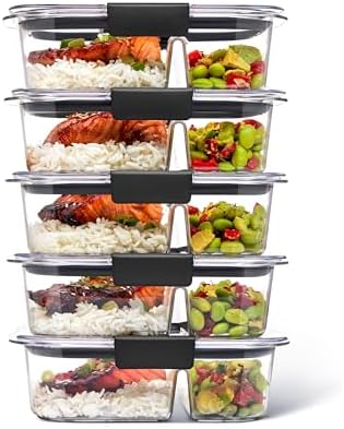 Rubbermaid Brilliance Meal Prep Containers, 2-Compartment Food Storage Containers, 2.85 Cup, 5-Pack, BPA-Free, Clear/Grey