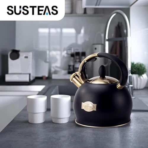 SUSTEAS Whistling Tea Kettle, 2.7QT Food-Grade Steel Teapot, BLACK