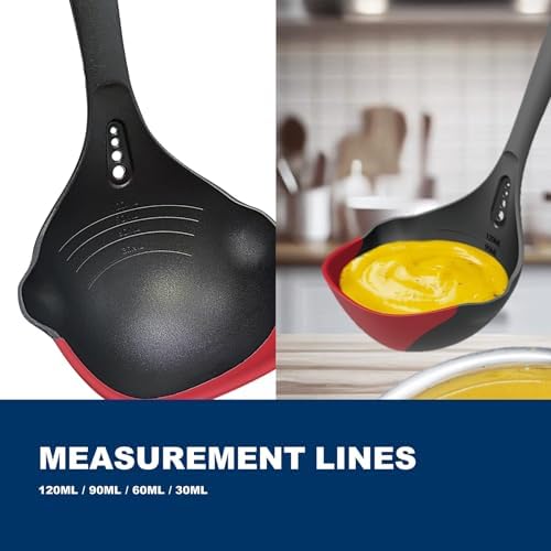 Premium Heat-Resistant Ladle with Silicone Edge- Ideal for Cooking & Non-Stick Cookware Ladle, Red