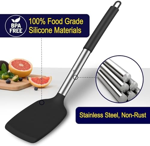 HOTEC Silicone Spatula Set of 2, High Heat-Resistant & BPA-Free Kitchen SaptulaTurner with Stainless Steel Handles, Slotted & Solid Spatulas for Nonstick Cookware, 13.7 Inch, Black