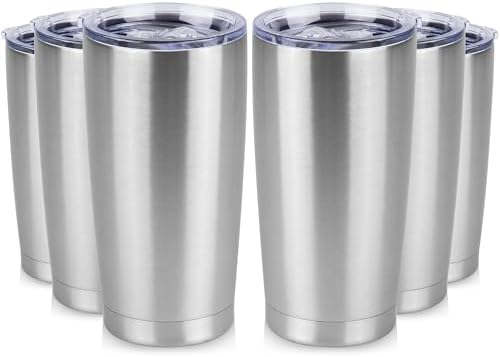20 oz Tumbler Stainless Steel Tumblers Bulk with Lid Double Wall Insulated Coffee Tumbler Cups for Hot & Cold Drinks Powder Coated Travel Coffee Tumbler Mug Metal (Stainless Steel, 6 pack)