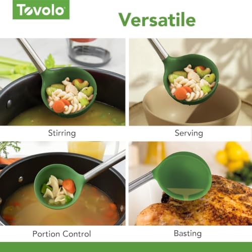 Tovolo Silicone Ladle With Stainless Steel Handle Deep Soup Ladle for Cooking Canning Serving Soup Punch Stew Sauce, Large Kitchen Utensil Spoon Dishwasher Safe BPA Free Silicone Pesto Green