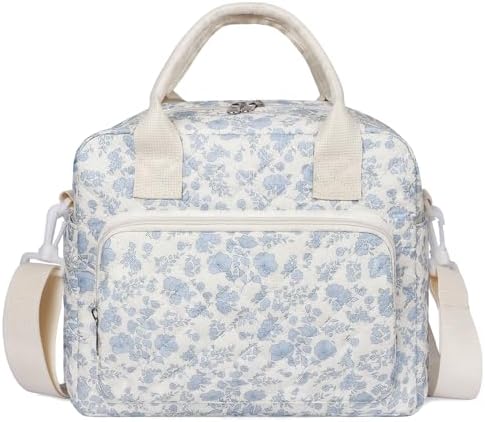 WOBAGMEN Quilted Lunch Box for Women, Insulated Lunch Bag for Adult,Cute Lunch Tote Bags for Work Picnic Travel (Blue Floral,M)