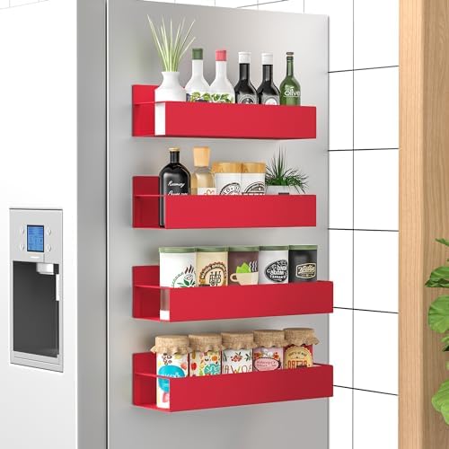 HuggieGems 4 Pack Magnetic Spice Storage Rack Organizer for Refrigerator and Oven, Red Fridge Organizers and Storage