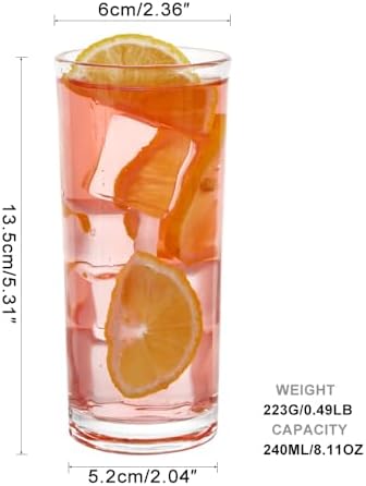 Highball Glasses Set of 6-8oz Tall Water Glasses for Mojito, Whiskey, Cocktails - Clear Drinking Glassware for Kitchen - Tall Drinking Glasses Set for Mixed Drinks (Glass, 6PCS8OZ)