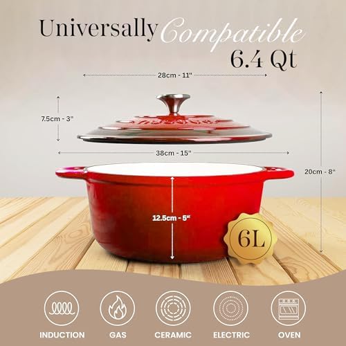Nuovva Enamelled Cast Iron Dutch Oven Pot with Lid-6.4 Quart Non Stick Casserole Pot-Heavy Duty & Oven Safe up to 500° F for Bread Baking, Braising, Stews, Roasting - 28cm Red